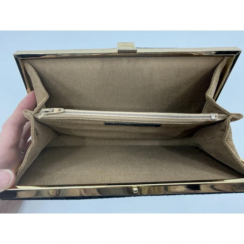 Vintage Shirl Miller Ltd Black Woven Leather Clutch Purse Gold Frame Made in USA